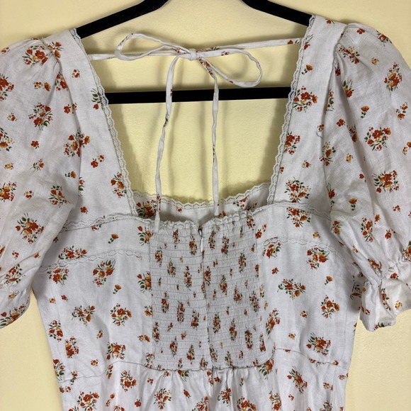 REFORMATION 100%‎ Linen Evianna Dress Size 12 White Orange Floral Mini - Picture 12 of 16